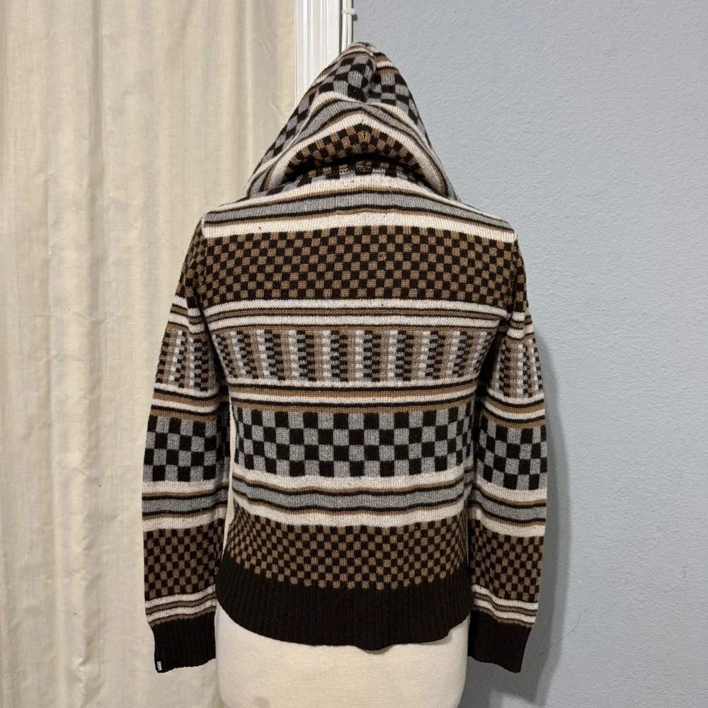 Vans Rare Retro Hooded Cardigan Sweater Brown Checkerboard Geometric Knit Size M